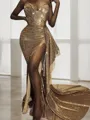 Sheath/Column Sweetheart Sweep Train Sequins Prom Dress With Leg Slit