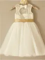 A-Line/Princess Scoop Knee-Length Tulle Flower Girl Dresses With Belt/Sash