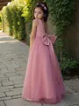 A-Line/Princess V-neck Floor-Length Tulle Flower Girl Dresses With Bow