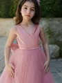 A-Line/Princess V-neck Floor-Length Tulle Flower Girl Dresses With Bow