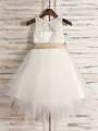 A-Line/Princess Scoop Tea-Length Tulle Flower Girl Dresses With Belt/Sash