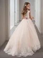 Ball Gown Jewel Sweep Train Tulle Flower Girl Dresses With Belt/Sash