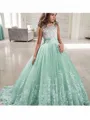 Ball Gown Jewel Sweep Train Tulle Flower Girl Dresses With Lace