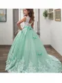 Ball Gown Jewel Sweep Train Tulle Flower Girl Dresses With Lace