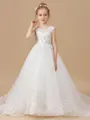 Ball Gown Scoop Sweep Train Tulle Flower Girl Dresses With Appliques Lace