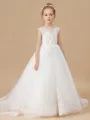 Ball Gown Scoop Sweep Train Tulle Flower Girl Dresses With Appliques Lace