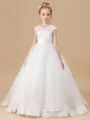 Ball Gown V-neck Sweep Train Tulle Flower Girl Dresses With Lace