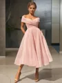  A-line/princess Off-the-Shoulder Tea-length Organza Homecoming Dress 