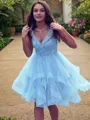 A-Line/Princess V-neck Short/Mini Tulle Homecoming Dress With Cascading Ruffles