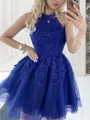 A-Line/Princess Halter Short/Mini Tulle Homecoming Dress With Appliques Lace