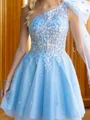 A-line One-Shoulder Appliques Lace Short/Mini Tulle Corset Homecoming Dress