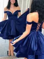 A-Line/Princess Off-the-Shoulder Short/Mini Satin Homecoming Dress With Cascading Ruffles