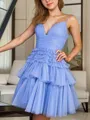 A-Line/Princess Spaghetti Straps Short/Mini Tulle Homecoming Dress With Ruffles