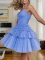 A-Line/Princess Spaghetti Straps Short/Mini Tulle Homecoming Dress With Ruffles