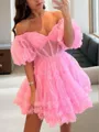 A-Line/Princess Off-the-Shoulder Corset Short/Mini Tulle Homecoming Dress With Ruffles