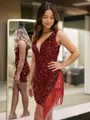 Sheath V-neck Short/Mini Velvet Sequins Homecoming Dress