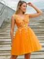 Ball-Gown V-neck Appliques Lace Short/Mini Tulle Homecoming Dress