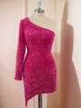 Sheath Long Sleeves Velvet Sequins One-Shoulder Short/Mini Homecoming Dress