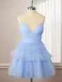 A-line Tulle Spaghetti Straps Ruffles Short/Mini Homecoming Dress