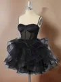 A-line Satin Spaghetti Straps Cascading Ruffles Corset Short/Mini Homecoming Dress