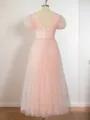 A-line Short Sleeves Tulle V-neck Pleated Tea-Length Homecoming Dress