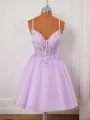 A-line Tulle V-neck Appliques Lace Corset Short/Mini Homecoming Dress