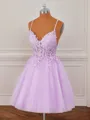 A-line Tulle V-neck Appliques Lace Corset Short/Mini Homecoming Dress