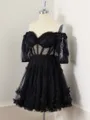 A-line Short Sleeves Tulle Off-the-Shoulder Ruffles Corset Short/Mini Homecoming Dress