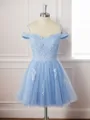 A-line Tulle Off-the-Shoulder Appliques Lace Short/Mini Homecoming Dress