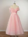 A-line Organza Off-the-Shoulder Pleated Tea-Length Homecoming Dress