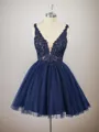 A-line Tulle V-neck Appliques Lace Short/Mini Homecoming Dress