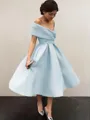 A-Line/Princess Off-the-Shoulder Tea-Length Satin Homecoming Dress With Ruffles
