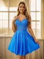 A-line V-neck Appliques Lace Short/Mini Silk Like Satin Corset Homecoming Dress