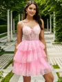 Ball-Gown V-neck Appliques Lace Short/Mini Tulle Corset Homecoming Dress