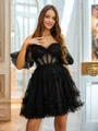 A-line Off-the-Shoulder Short Sleeves Ruffles Short/Mini Tulle Corset Homecoming Dress