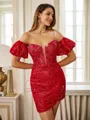 Sheath Spaghetti Straps Short Sleeves Sequin Short/Mini Lace Corset Convertible Homecoming Dress
