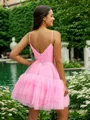 A-line V-neck Cascading Ruffles Short/Mini Tulle Homecoming Dress