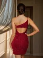 Sheath One-Shoulder Short/Mini Velvet Sequins Homecoming Dress