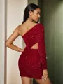 Sheath One-Shoulder Long Sleeves Short/Mini Velvet Sequins Homecoming Dress