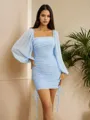 Sheath Square Long Sleeves Pleated Short/Mini Chiffon Homecoming Dress