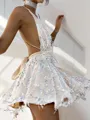 A-Line/Princess Halter Short/Mini Lace Homecoming Dress With Beading