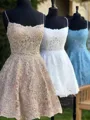 A-Line/Princess Spaghetti Straps Short/Mini Lace Homecoming Dress With Appliques Lace