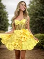A-line Spaghetti Straps Flower Short/Mini Satin Homecoming Dress