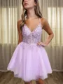 A-line V-neck Appliques Lace Short/Mini Tulle Corset Homecoming Dress