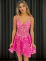 A-line V-neck Appliques Lace Short/Mini Tulle Corset Homecoming Dress
