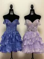 A-line Off-the-Shoulder Appliques Lace Short/Mini Tulle Corset Homecoming Dress