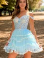 A-line Off-the-Shoulder Cascading Ruffles Short/Mini Tulle Corset Homecoming Dress