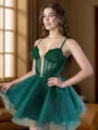 A-line Spaghetti Straps Appliques Lace Short/Mini Tulle Corset Homecoming Dress