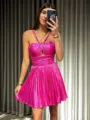 A-line Halter Ruffles Short/Mini Metallic Satin Homecoming Dress