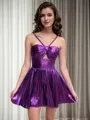 A-line Halter Ruffles Short/Mini Metallic Satin Homecoming Dress